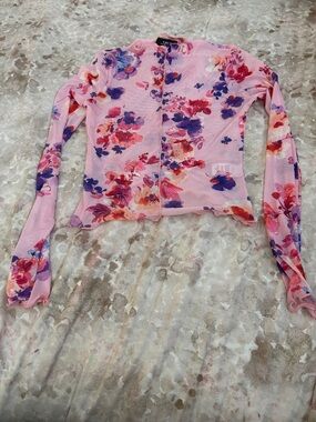 Vici Pink Floral Mesh Zip-Front Long Sleeve Top